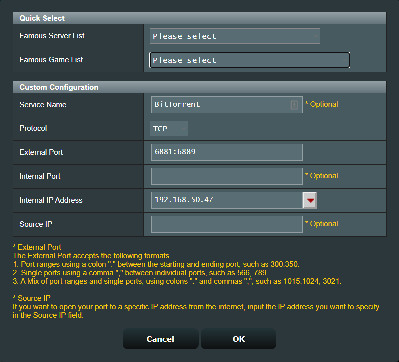 Configure the port forwarding for BitTorrent