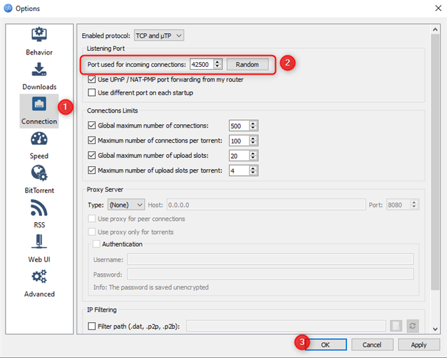 The Connection settings for qBittorrent