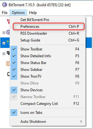 Accessing the Preferences for BitTorrent
