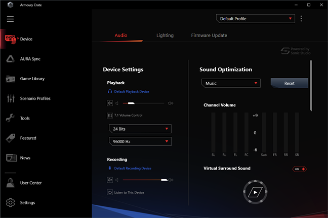 ASUS ROG Delta: Audio settings in the Armoury Crate app