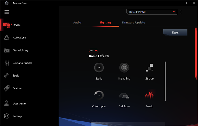 ASUS ROG Delta: Lighting effects settings in Armoury Crate