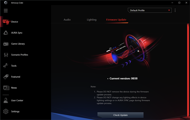 ASUS ROG Delta: Firmware update is done from the Armoury Crate app