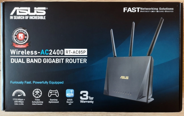 The packaging for ASUS RT-AC85P