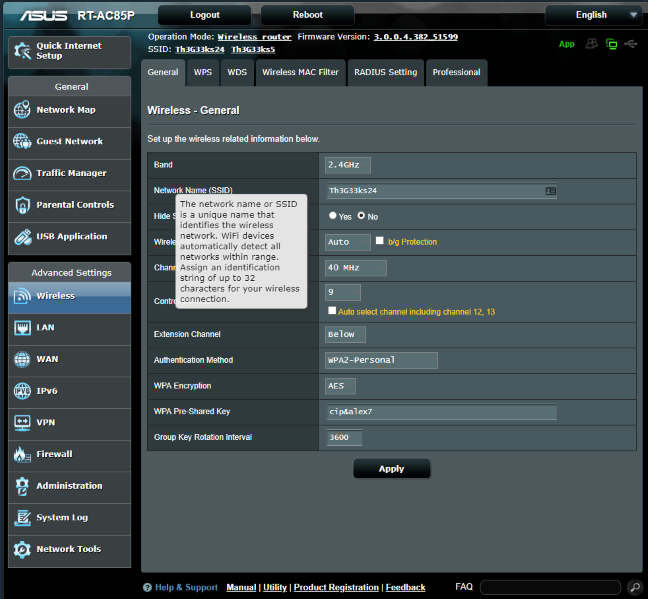 The Help tips when configuring ASUS RT-AC85P