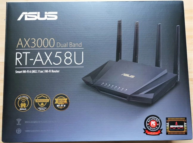 The packaging of the ASUS RT-AX58U AX3000 dual-band wireless router