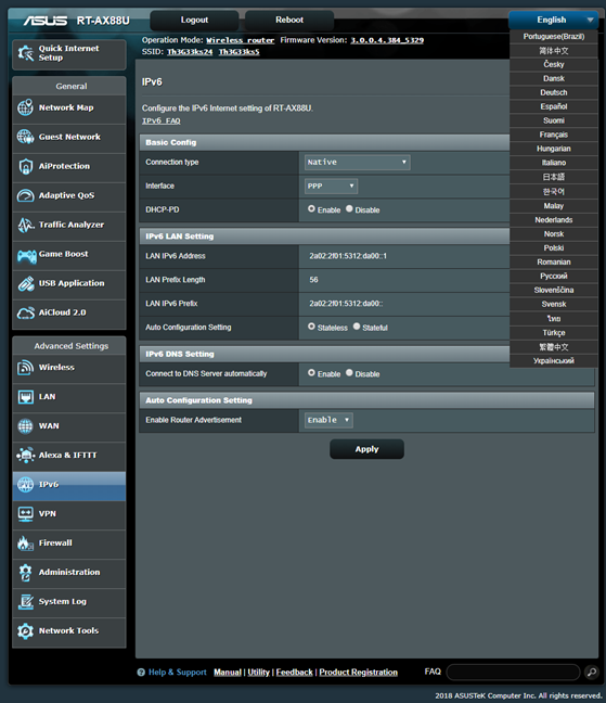 The languages in which the firmware is available for ASUS RT-AX88U