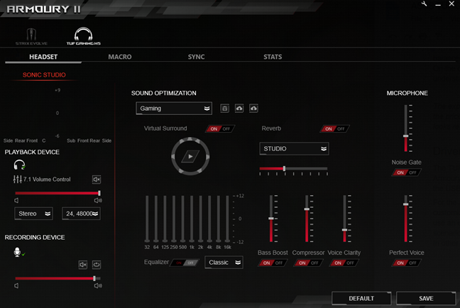 Armoury II Sonic Studio customization options for ASUS TUF Gaming H5