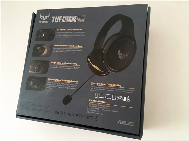 The ASUS TUF Gaming H5 headset package from the back