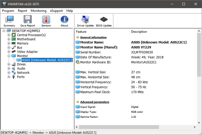 Hardware details about the ASUS VT229H