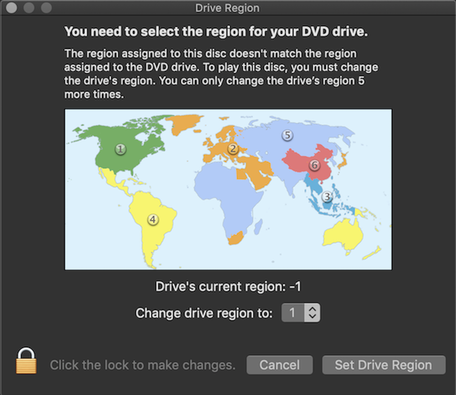 Click the lock and then choose your region