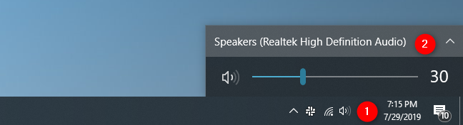 The Sound flyout from the Windows 10 system tray