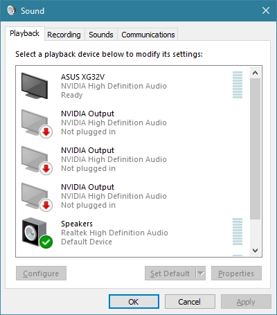 The Sound window from Windows 10