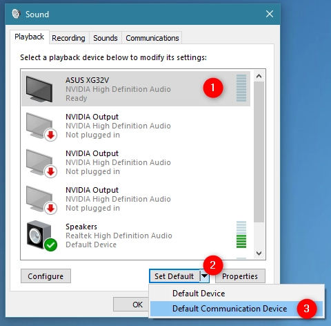 Setting a default communication device in Windows 10