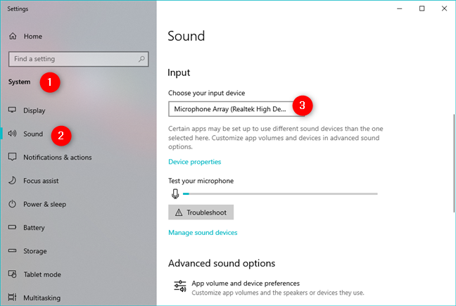 The Choose your input device list from the Sound section in the Settings app