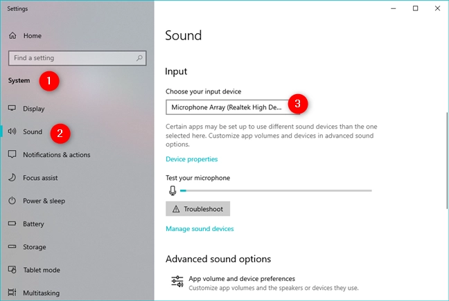 The Choose your input device list from the Sound section in the Settings app