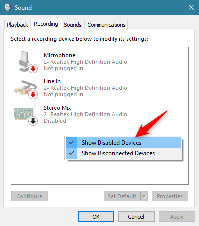 Show disabled and disconnected devices in the Sound window