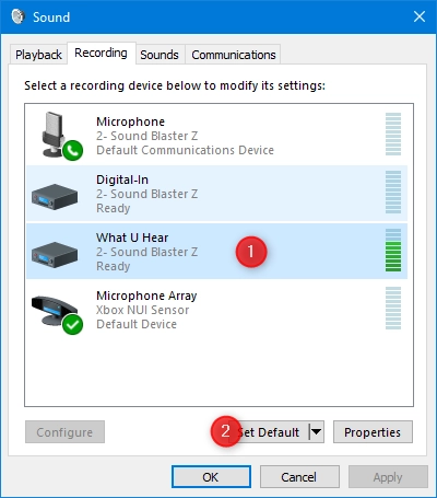 Setting the default recording device in the Sound window