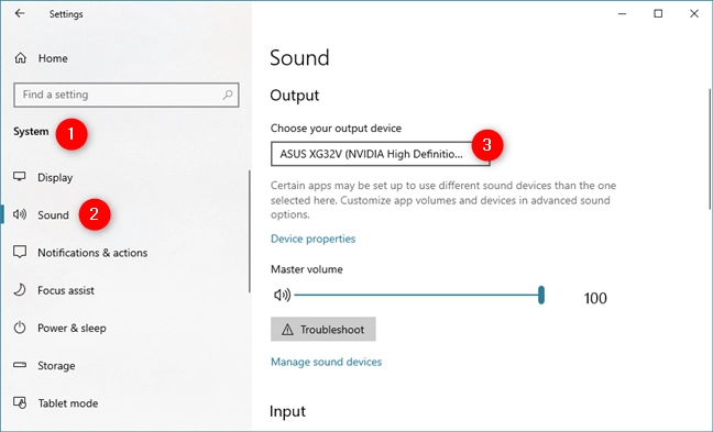 The Choose your output device list from the Settings Sound section
