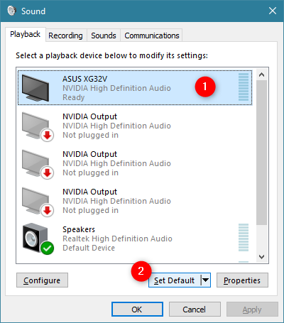 Choosing the default playback device in the Sound window