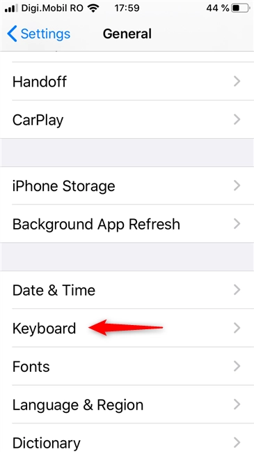 The Keyboard settings on an iPhone