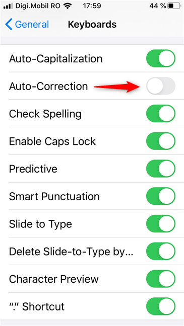 The Auto-Correction switch on an iPhone
