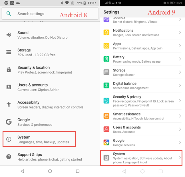 Tap the System entry in Android's settings