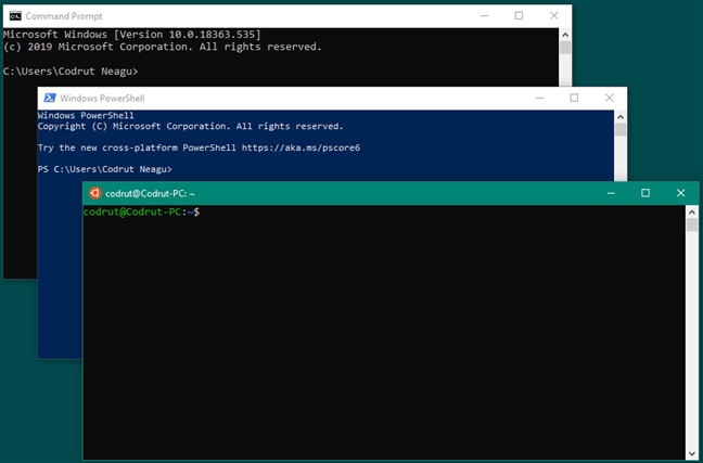 Command Prompt vs. PowerShell vs. Bash on Ubuntu on Windows