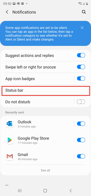 Go to Status bar to activate the battery percentage on a Samsung device