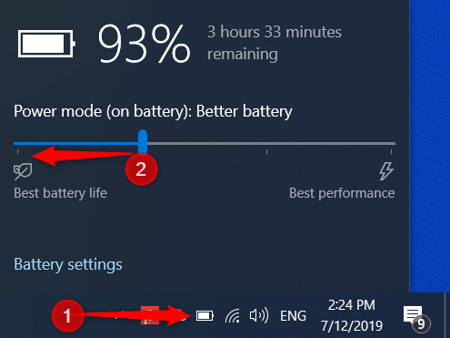 Turning on the Windows 10 battery saver