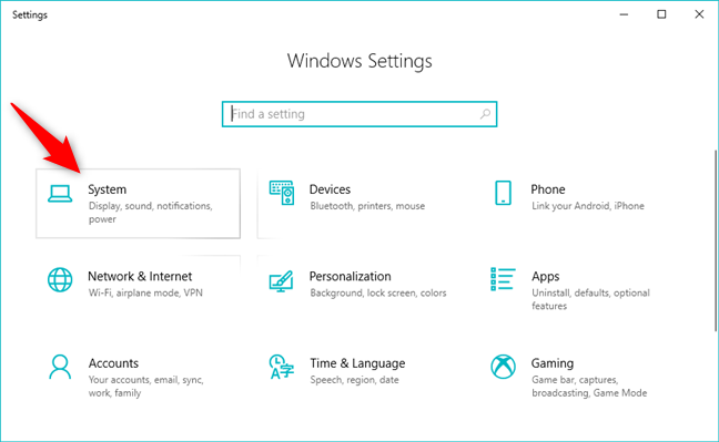 The System entry from the Windows 10 Settings app