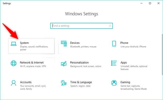 The System entry from the Windows 10 Settings app