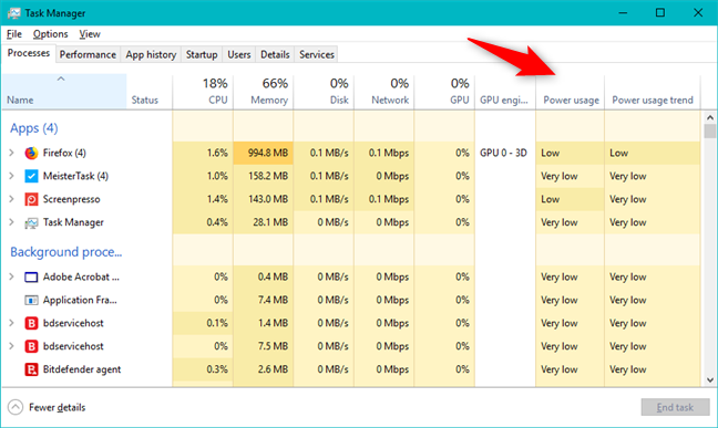 The Power usage and Power usage trend columns from the Task Manager