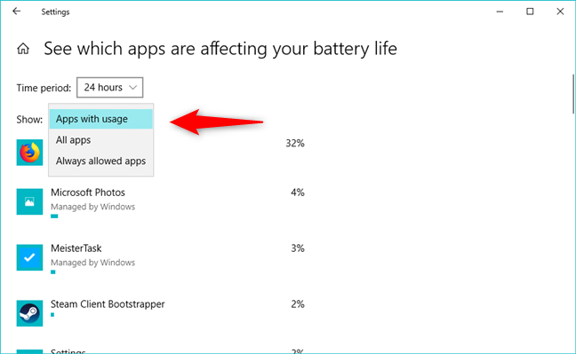 Different lists of apps for which you see the battery usage