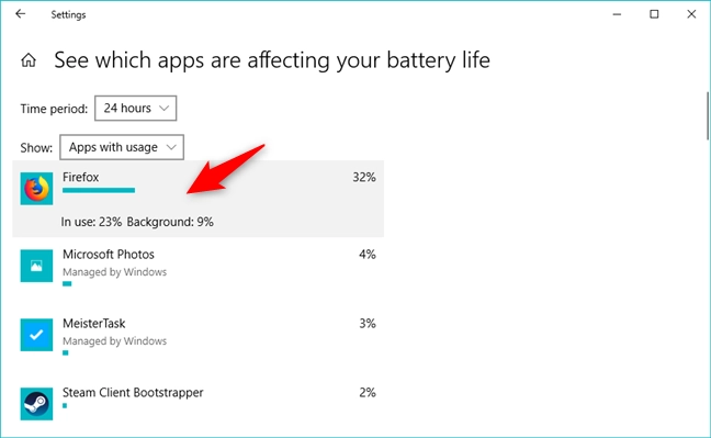 Details of battery usage by an app