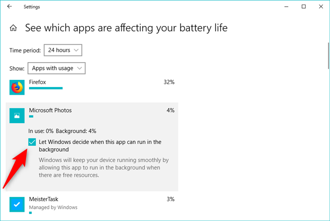 Disabling the automatic control of Windows 10 over an app's background operation