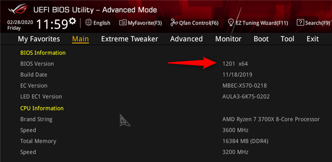 The BIOS version of an ASUS motherboard