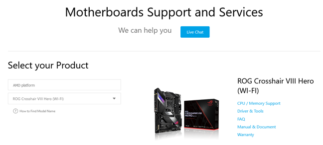 The support website of a motherboard manufacturer