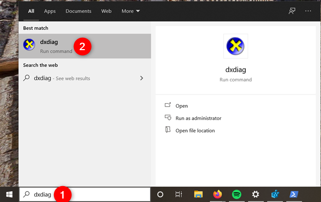 Search dxdiag and open DirectX Diagnostic Tool in Windows 10