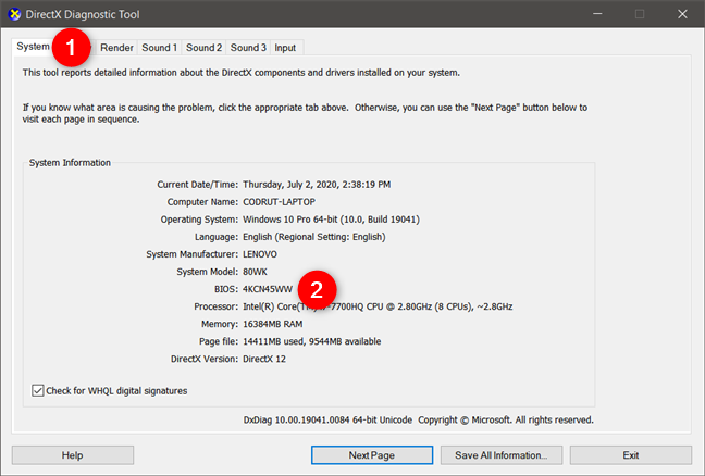 Check BIOS version in Windows 10 using DirectX Diagnostic Tool