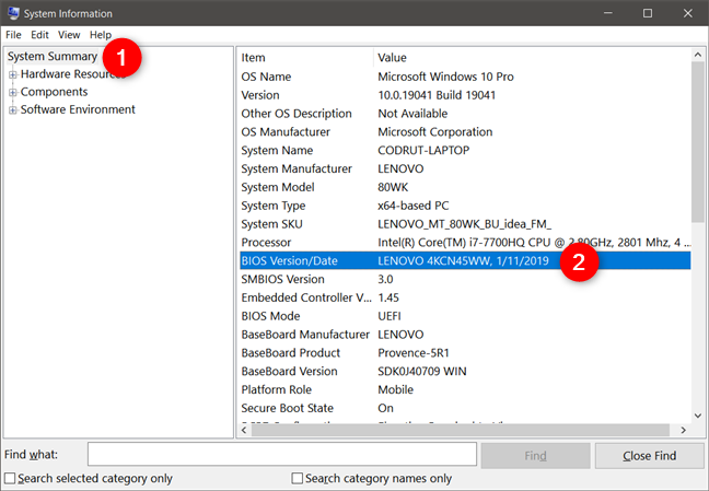 Check BIOS version and date in System Information