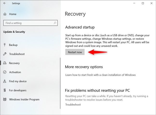 Advanced startup settings in Windows 10