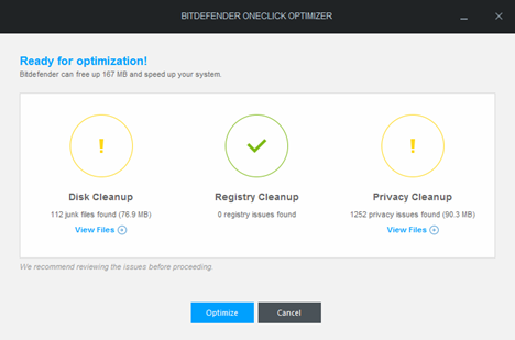 Bitdefender, OneClick Optimizer, clean up, temporary files, cookies, browsing history