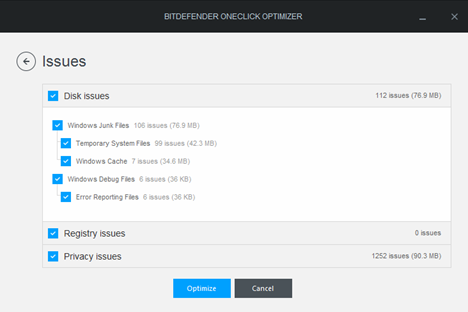 Bitdefender, OneClick Optimizer, clean up, temporary files, cookies, browsing history