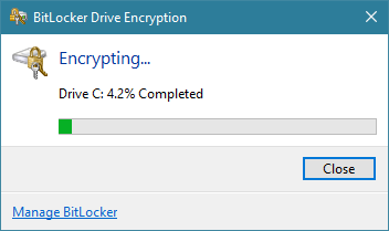 The progress of the BitLocker encryption for the system partition