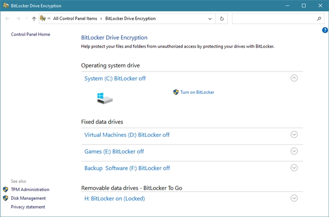 The BitLocker Drive Encryption window from Control Panel