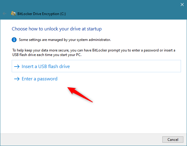 If the PC has no TPM chip, BitLocker requires a USB flash drive or a password