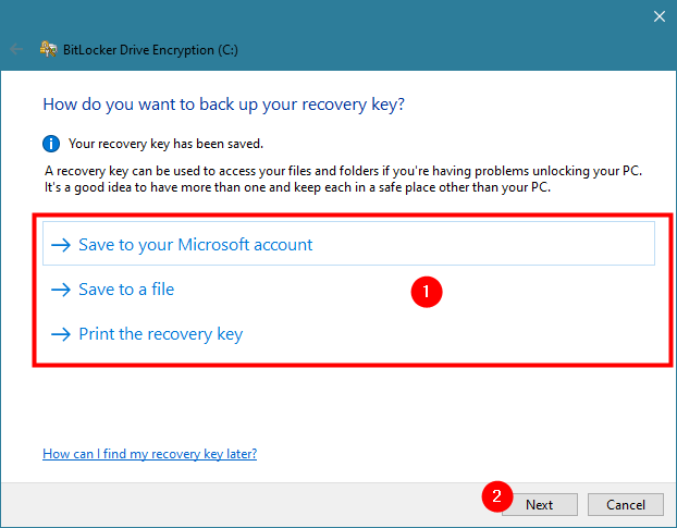 Saving the BitLocker recovery key