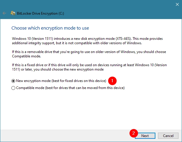 Choosing the encryption mode for BitLocker