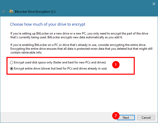 Choosing how to encrypt a drive with BitLocker