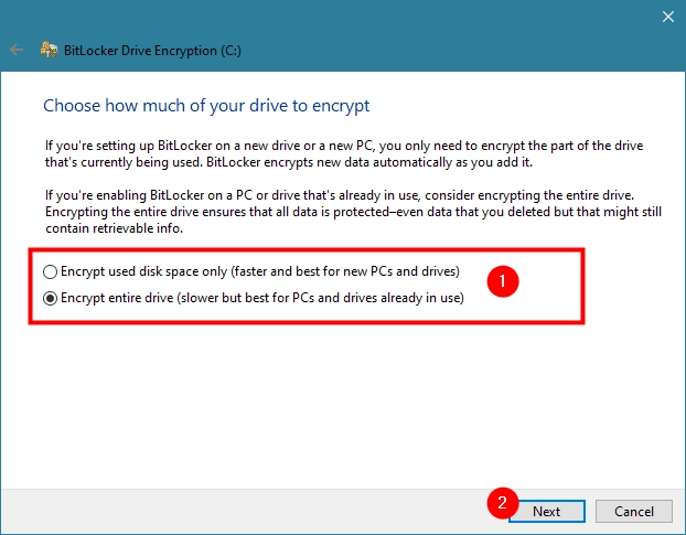 Choosing how to encrypt a drive with BitLocker